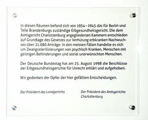 Historischer Ort: Erbgesundheitsgericht Berlin, Foto der Gedenktafel