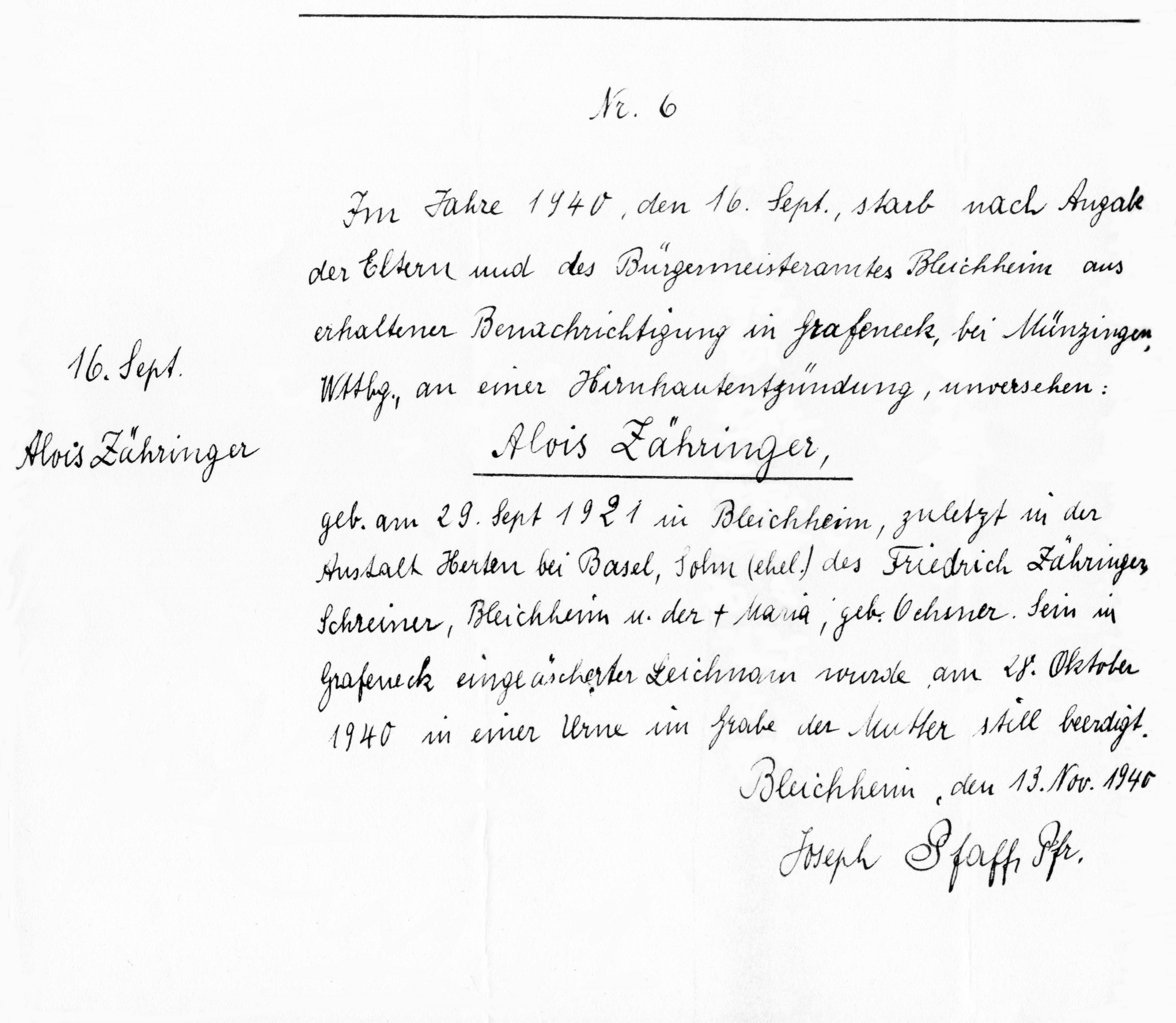 Opferbiografie: Alois Zähringer, Totenbuch