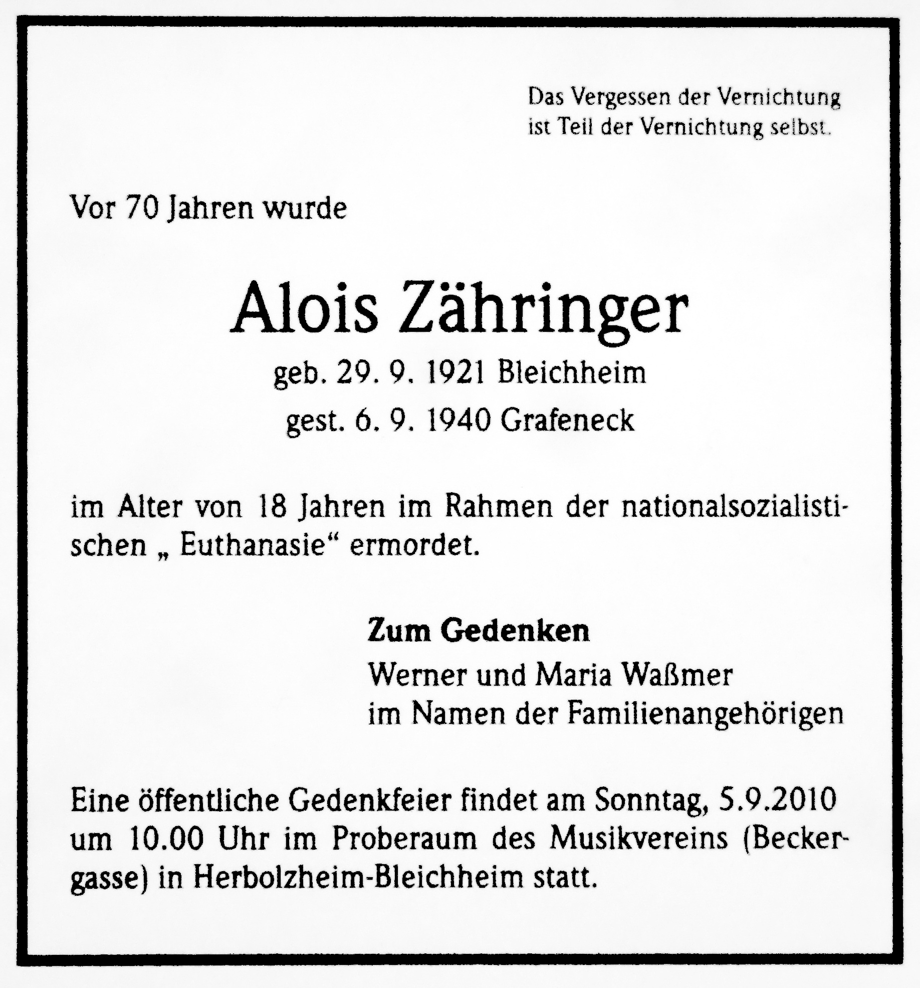 Opferbiografie: Alois Zähringer, Todesanzeige