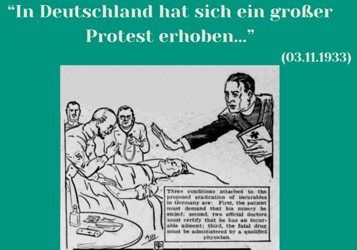 Text auf grünem Grund oben: "In Deutschland hat sich ein großer Protest erhoben", darunter eine Karikatur aus einer Zeitung aus den 1930-er Jahren. Sie zeigt eine Person, die auf einem Bett liegt, darüber beugen sich andere Personen, rechts ein Mann, der seine ausgestreckte Hand über die liegende Person hält."