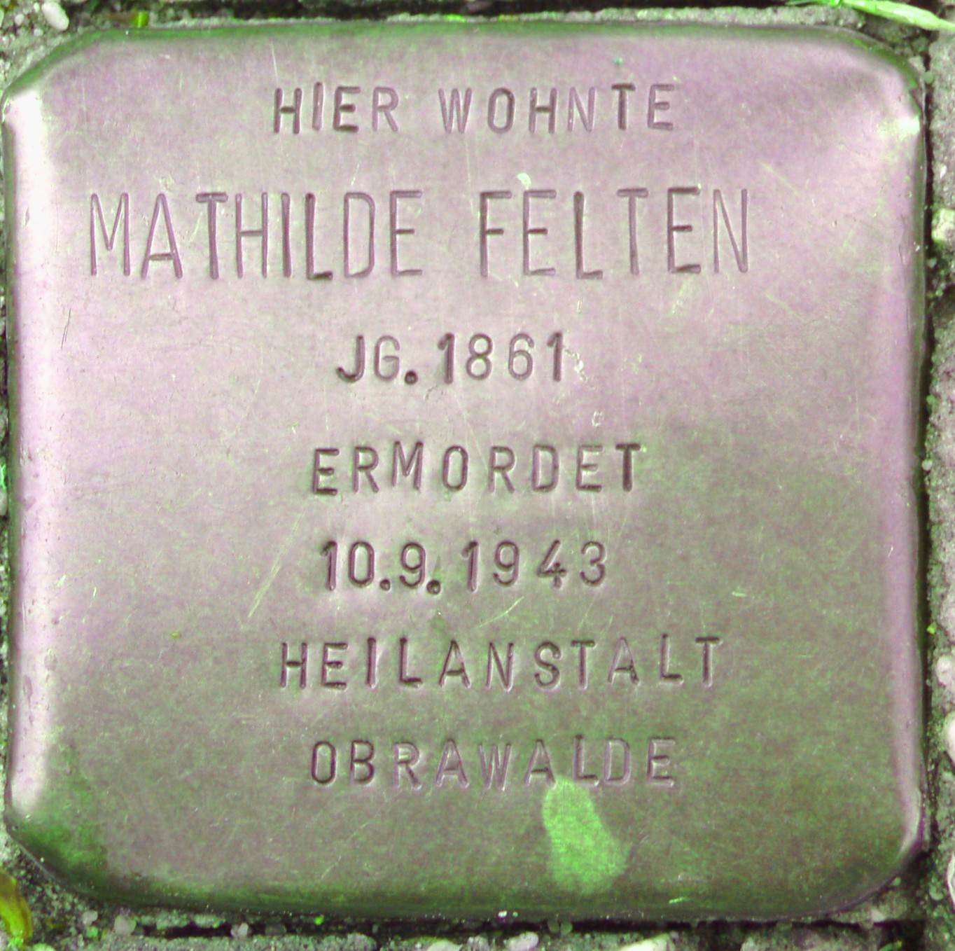 Historischer Ort: Stolperstein für Mathilde Luise Felten, Foto des Stolpersteines 