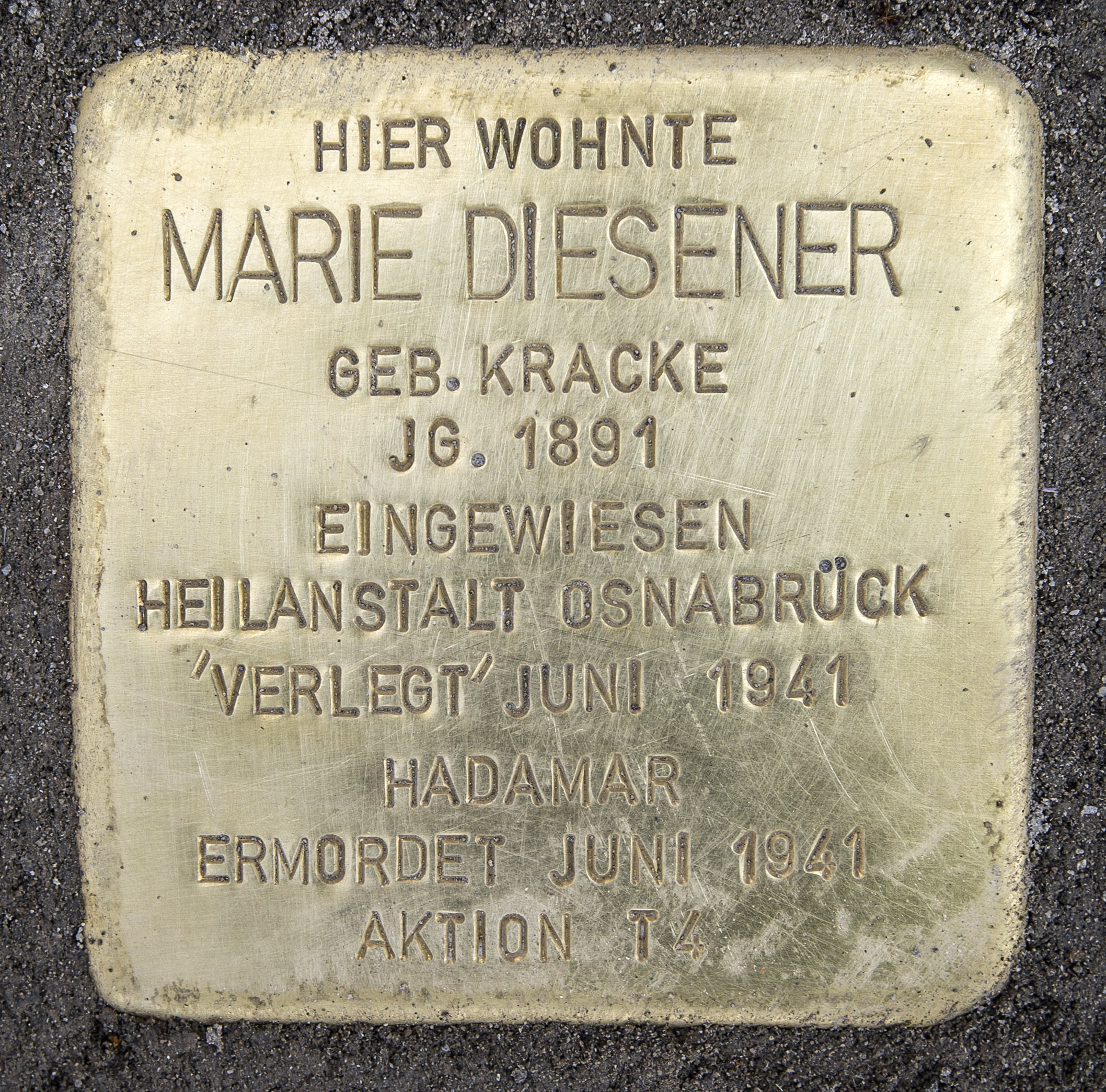 Historsicher Ort: Stolperstein für Marie Diesener, Foto des Stolpersteines