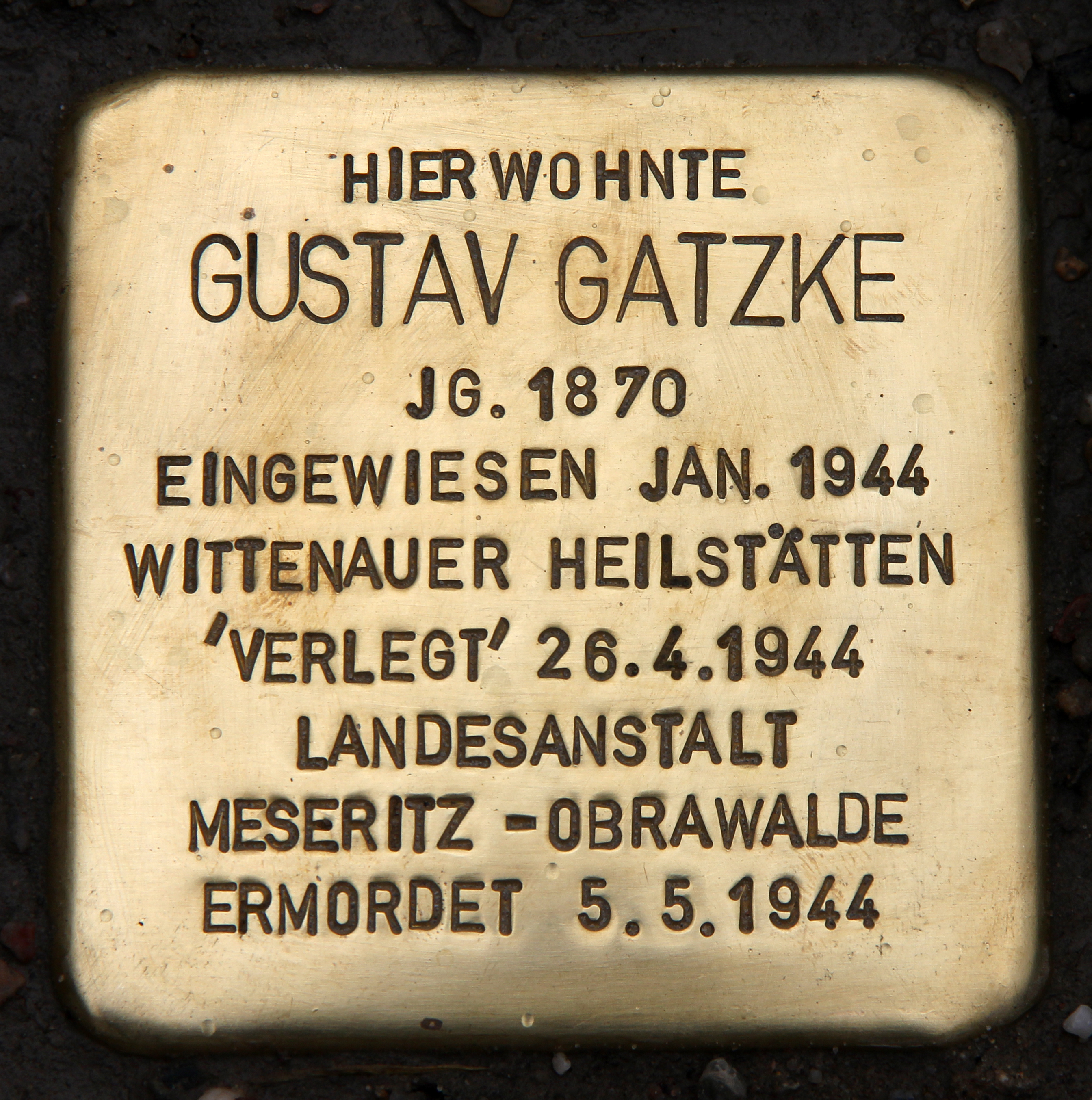 Historischer Ort: Stolperstein für Gustav Gatz, Foto des Stolpersteines