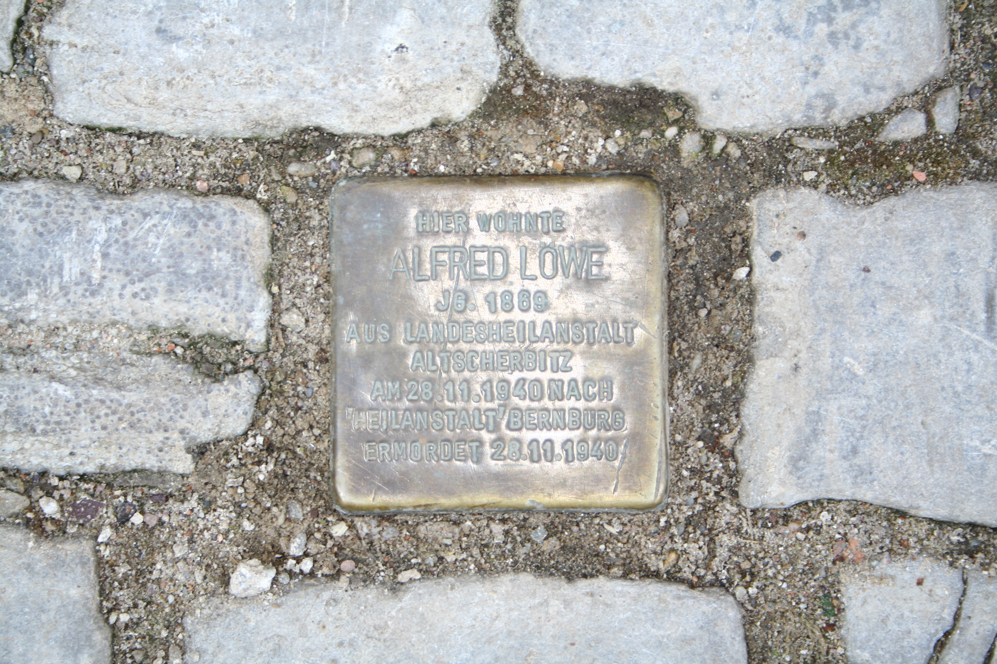 Historischer Ort: Stolperstein für Alfred Löwe, Foto des Stolpersteines